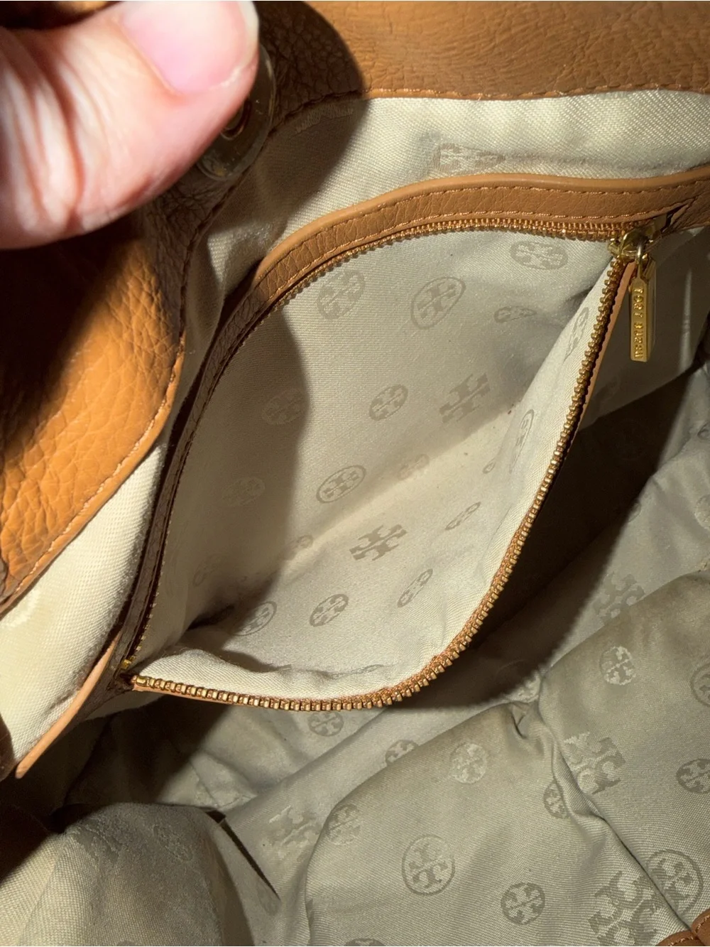 Tory Burch Tan Pebbled Leather Tote with Logo Medallion
